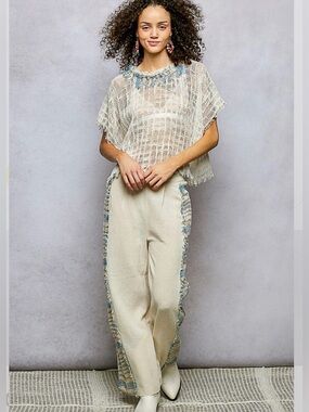 *SET* POL L Cream Wide-Leg Pants SET with Blue Side Trim and Matching Top